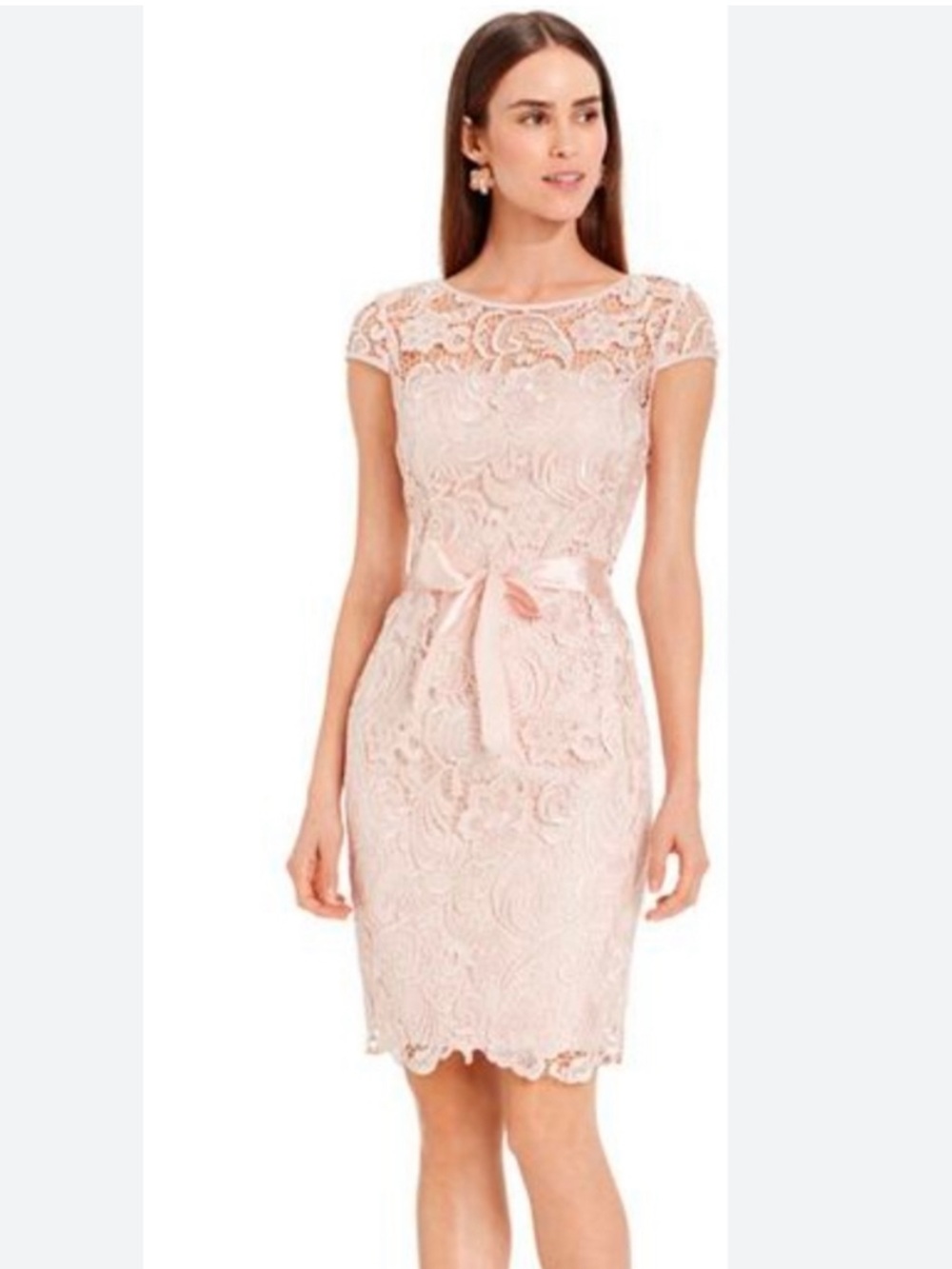 Adrianna Papell Pale Blush Lace Midi Sheath Dress with Bow